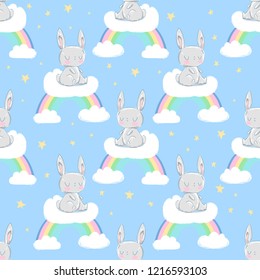 cute rabbit sitting on a rainbow cute illustration pattern seamless, children print textile design