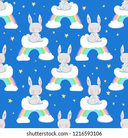 cute rabbit sitting on a rainbow cute illustration pattern seamless, children print textile design