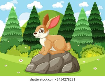 Cute rabbit sitting on rocks in a forest clearing