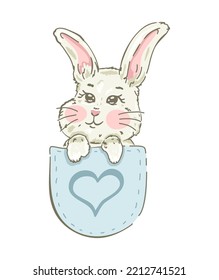 Cute rabbit sitting in a pocket.
Print  for textiles.Blue cute bunny.