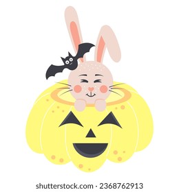 Cute rabbit sitting in a scary pumpkin with a bat on his head. Halloween bunny boy and spooky pumpkin. Cartoon forest character.