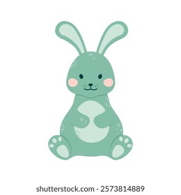 The cute rabbit is sitting and smiling. Funny bunny. Vector illustration on a white background. Flat style.