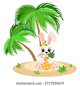 Nettes Kaninchen, das unter Palmen sitzt und Ananasfrüchte hält. Sommerreisen, Strandurlaub, Vektorgrafik.