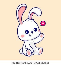 Cute Rabbit Sitting And Waving Hand Cartoon Vector Icon Illustration. Animal Nature Icon Concept Isolated Premium Vector. Flat Cartoon Style