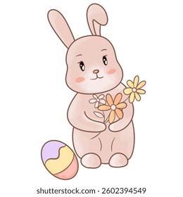 A cute rabbit sitting while holding a bouquet of flowers next to an Easter egg