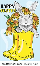 
Cute rabbit sitting in yellow boots on a background of flowers. Happy Easter - the lettering. bunny Postcard, poster, composition for t-shirts, print in the style of hand-drawn