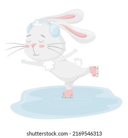 Cute rabbit skating on an ice rink wearing headphones. Adorable animal, a character in pastel colors. Winter fun activity. For cards, clothes, t shirt print. Vector illustration isolated on white