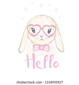 cute rabbit sketch vector illustration, children print on t-shirt, hand drawn bunny with glasses
