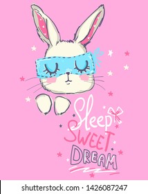 Cute Rabbit, sketch vector illustration, hand drawn bunny. Sleep sweet dream. Print for children's pajamas.