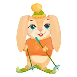 Cute Rabbit Is Skiing. Winter Break. Cheerful Bunny. Vector Illustration On A White Background.