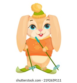 Cute Rabbit is skiing. Winter Break. Cheerful bunny. Vector illustration on a white background.