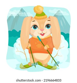 Cute Rabbit is skiing. Winter Break. Cheerful bunny. Vector illustration on a white background.