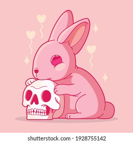Cute Rabbit and skull vector illustration  Love  cuteness design concept 