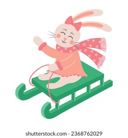 Cute rabbit sledding. Bunny girl in a warm winter clothes. Cartoon forest character.
