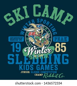 Cute rabbit sledding winter camp vector print for children ski wear 