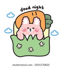 Cute rabbit sleep with carrot pillow and grass flower blankets.Good night text.Easter.Bunny.Rodent animal character cartoon design.Kawaii.Vector.Illustration.