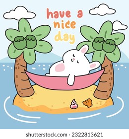 Cute rabbit sleep on cradle on the sea beach background.Summer trip holiday concept.Wild animal character cartoon design.Bunny.Kawaii.Vector.illustration.