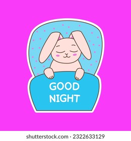 Cute rabbit is sleeping. Good night wishes. Bunny lies in bed. Color sticker. Flat vector illustration.