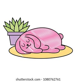 cute rabbit sleeping with house plant kawaii character