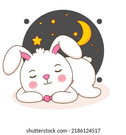 Cute rabbit sleeping at night. Bunny cartoon character illustration.