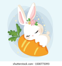 Cute Rabbit Sleeping On The Carrot