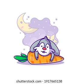Cute Rabbit Sleeping on Carrot to World Sleep Day Vector Icon Illustration in Flat Cartoon style for Web Landing Pages with Banner or Sticker and Background