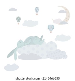 Cute Rabbit is sleeping on a cloud. A gray bunny is hiding among the clouds. Balloons and airship. Children's illustration, Cute print, vector. Isolated on a white background.