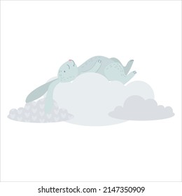 Cute Rabbit is sleeping on a cloud. A gray bunny is hiding among the clouds. Balloons and airship. Children's illustration, Cute print, vector. Isolated on a white background.
