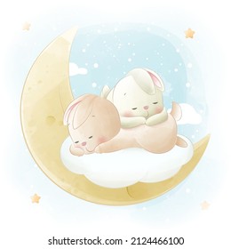 Conejo lindo durmiendo en nubes en la noche con estrellas que disparan cayendo en el cielo