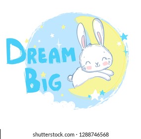 Cute Rabbit sleeping on the moon.  Vector Illustration