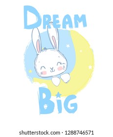 Cute Rabbit sleeping on the moon.  Vector Illustration