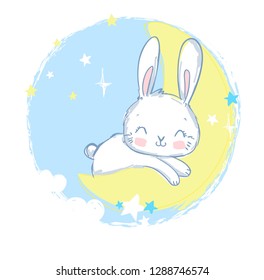 Cute Rabbit sleeping on the moon.  Vector Illustration