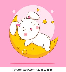 Cute rabbit sleeping on the moon. Bunny cartoon character illustration.