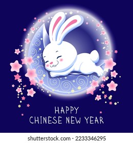 Conejo lindo durmiendo en la luna, tarjeta de saludo para el Año Nuevo Chino 2023. Pancarta vectorial para saludos, cubiertas, fondos de pantalla, diseño, postal, afiche, post, impresión.