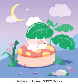 Cute rabbit sleeping on the mushroom under the tree and crescent moon