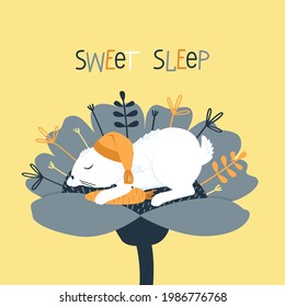A cute rabbit sleeps in a nightcap inside a flower. The hare hugs his favorite carrot. Funny cartoon character on a yellow background. A poster for a children's room. Flat vector illustration.