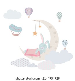 Cute rabbit sleeps on the moon. Animal on the moon. Balloons and airship. Children's illustration, Cute print, vector. Isolated on a white background.