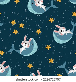 A cute rabbit sleeps on a whale in the starry night sky. Endless pattern. A hand-drawn character for textiles, packaging, paper. Seamless vector background. Seamless Repeat Pattern. Cartoon doodles.