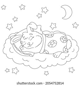 A cute rabbit sleeps under a blanket. Coloring book page for kids. Cartoon style. Vector illustration isolated on white background.