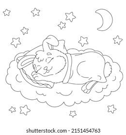 A cute rabbit sleeps under a blanket. Coloring book page for kids. Cartoon style. Vector illustration isolated on white background.