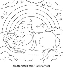 A cute rabbit sleeps under a blanket. Coloring book page for kids. Cartoon style. Vector illustration isolated on white background.