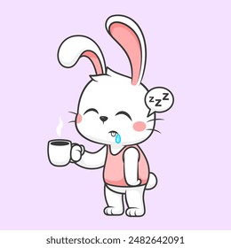 Cute Rabbit Sleepy Holding Coffee Cartoon Vector Icon Illustration. Animal Drink Icon Concept Isolated Premium Vector. Flat Cartoon Style