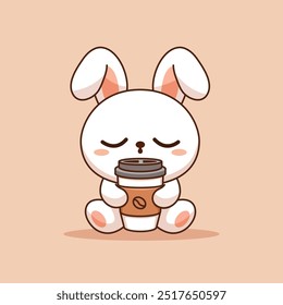 Cute Rabbit Sleepy Holding Coffee Cartoon Vetor Ilustração Ícone. Animal Beber Icon Conceito Isolado Premium Vetor. Estilo de Desenho Animado Plano