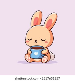 Cute Rabbit Sleepy Holding Coffee Cartoon Vetor Ilustração Ícone. Animal Beber Icon Conceito Isolado Premium Vetor. Estilo de Desenho Animado Plano