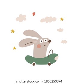 Cute rabbit in small auto. Hand drawn illustration for greeting card, textile, nursery, posters design.