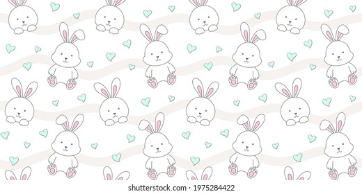 Cute rabbit and small hearts on a white background with waves. Endless texture with bunny, tiny hare. Vector seamless pattern for wallpaper, cover, wrapping paper, packaging, surface texture and print