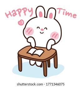 Cute rabbit smile and sit on chair.Happy time text.Cartoon animal hand drawn.Kawaii.Kid graphic.Schoolconcept.Vector.Illustration.