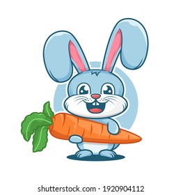 Cute rabbit smiles with carrot cartoon mascot logo template flat design