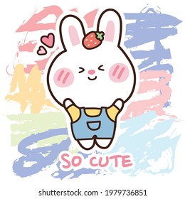 Conejo lindo sonriente sobre fondo de pintura colorido.Diseño de carácter animal.Imagen para tarjeta, papel pintado, pegatina, impresión de papel.Gráfico infantil.Kawaii.Vector.Ilustración.Ilustrador.