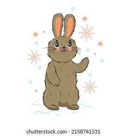 Cute rabbit and snowflakes isolated on white background. Vector graphics.